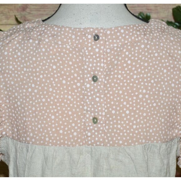 Entro Beige & Pink Cap Sleeve Tiered Blouse Top Size S Striped Polka Dots Cute - Picture 9 of 13